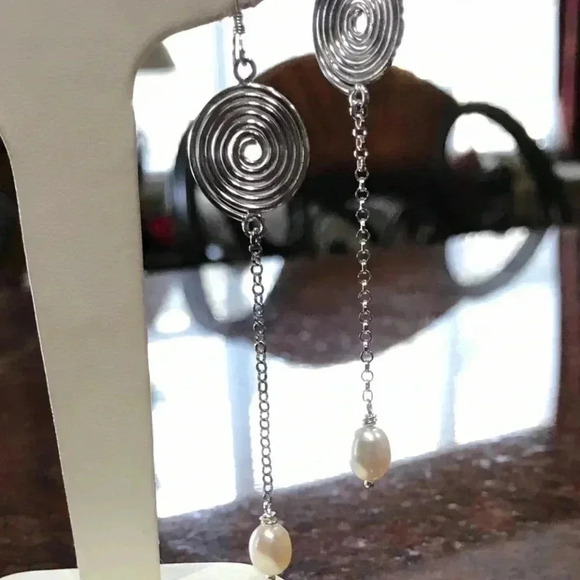 Coiled Pearl Earrings,Shoulder duster Earrings,White Pearl Earrings,Long Earring - Picture 2 of 4